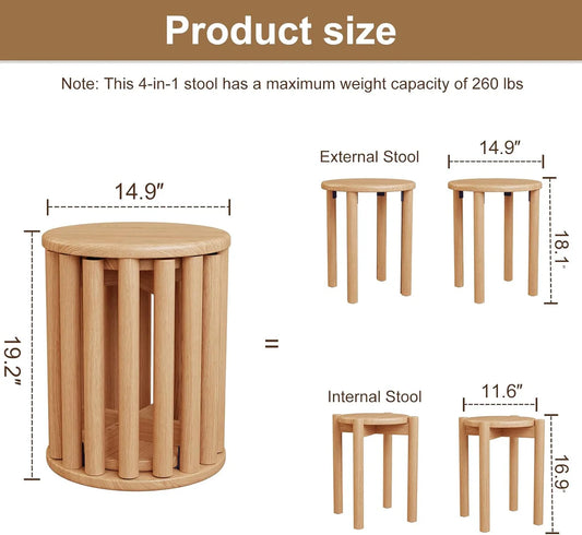 Stackable Stools Set of 4,4-in-1 Wood Stool,Round Wooden Stools with Anti-Slip Foot Pads